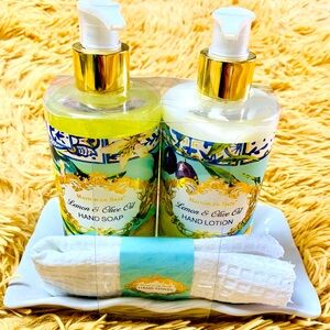 Maison De Base Lemon & Olive Oil soap & lotion towel ceramic tray hostess gift